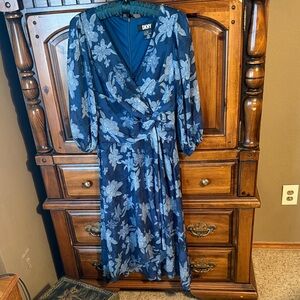 DKNY Navy Blue Floral Wrap Midi Dress